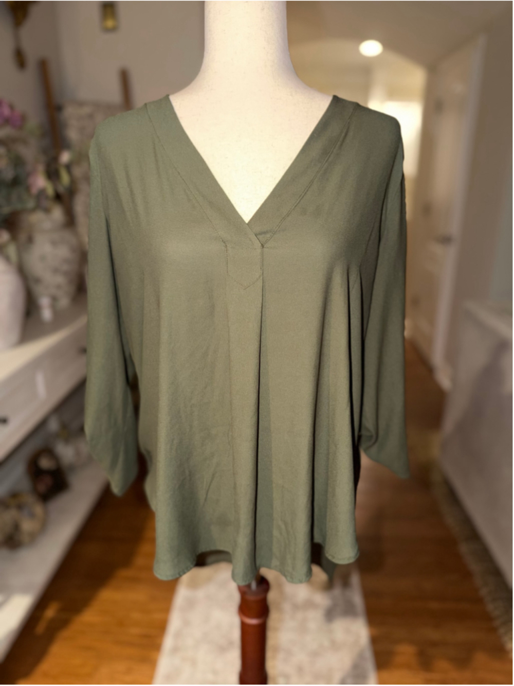 Lush Olive Green V-Neck Blouse Size L